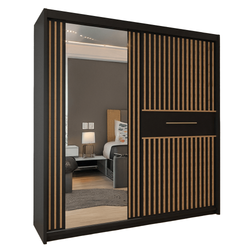 Modern Sliding Wardrobe With Mirror Doors & Storage 150cm Black-Votan 1