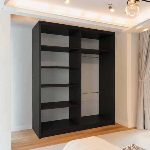 Modern Sliding Wardrobe With Mirror Doors & Storage 150cm Black-Votan 2