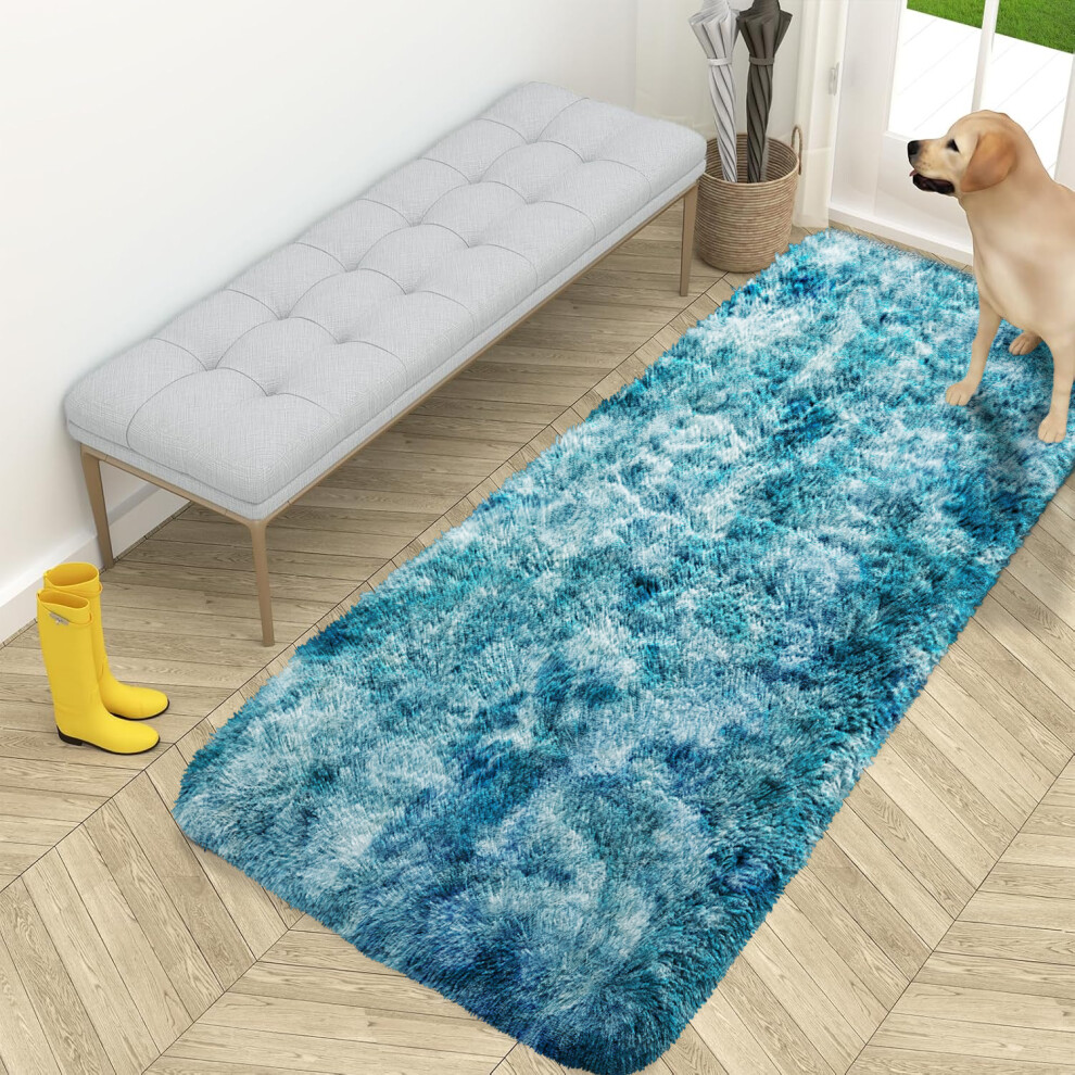Imperial Rooms (60 X 220 Cm (2 Ft X 7 Ft 3 In)-Runner Rug, Tie-Dye Teal) Anti Slip Shaggy Rug For Living Room Runner Carpet
