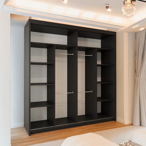 Modern Sliding Wardrobe With Mirror Doors & Storage 150cm Black-Votan 2