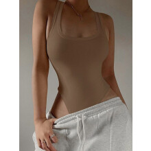 (Khaki, S) Sleeveless Knit Bodysuit Hot Summer Sexy Bodycon Off Shoulder Halter Tops Casual Street Bodice For Women ClubWear
