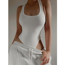 (WHITE, S) Sleeveless Knit Bodysuit Hot Summer Sexy Bodycon Off Shoulder Halter Tops Casual Street Bodice For Women ClubWear