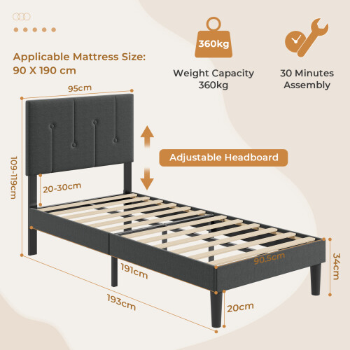 Vesgantti (Dark Grey, Single - 90x190) Bed Frame with Adjustable Headboard Wooden Slats 2