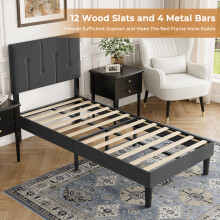 (Dark Grey, Single - 90x190) Bed Frame with Adjustable Headboard Wooden Slats