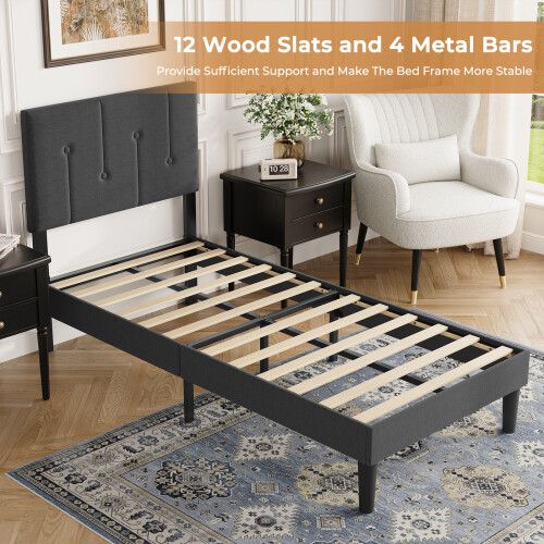 Vesgantti (Dark Grey, Single - 90x190) Bed Frame with Adjustable Headboard Wooden Slats