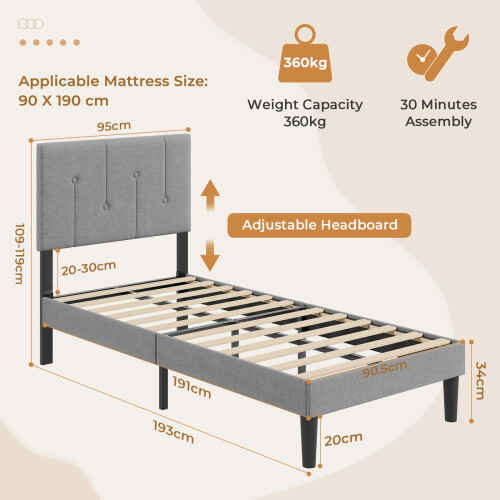 Vesgantti (Light Grey, Single - 90x190) Bed Frame with Adjustable Headboard Wooden Slats 2
