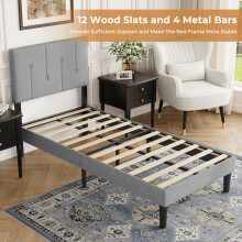 (Light Grey, Single - 90x190) Bed Frame with Adjustable Headboard Wooden Slats