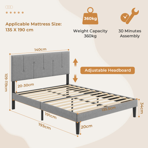 Vesgantti (Light Grey, Double - 135x190) Bed Frame with Adjustable Headboard Wooden Slats 2