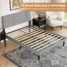 (Light Grey, Double - 135x190) Bed Frame with Adjustable Headboard Wooden Slats