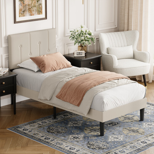 Vesgantti (Beige, Single - 90x190) Bed Frame with Adjustable Headboard Wooden Slats 2