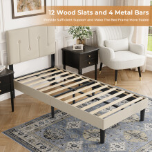 (Beige, Single - 90x190) Bed Frame with Adjustable Headboard Wooden Slats