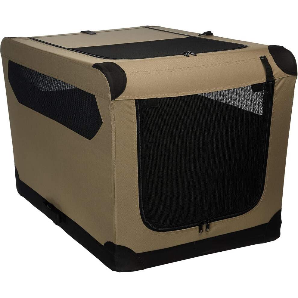 (L 91 cm x 61 cm x 61 cm, 2-Door in Tan) 2-Doors Portable Soft-Sided Folding Travel Crate Kennel for cat
