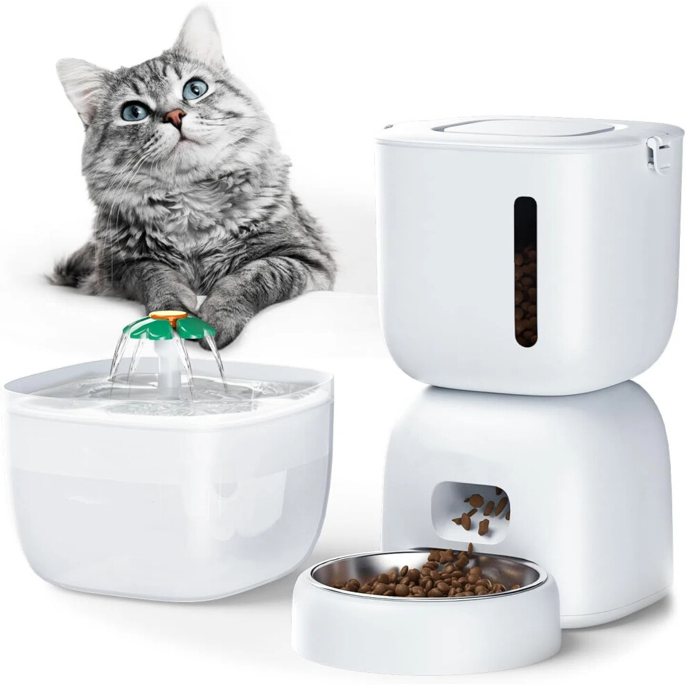 (White) Automatic Cat Feeder and Water Dispenser, 3L Cat Food Dispenser with Locking Lid, Timed Cat Feeder for Dry Food, Portion Control, 4 Daily Meals