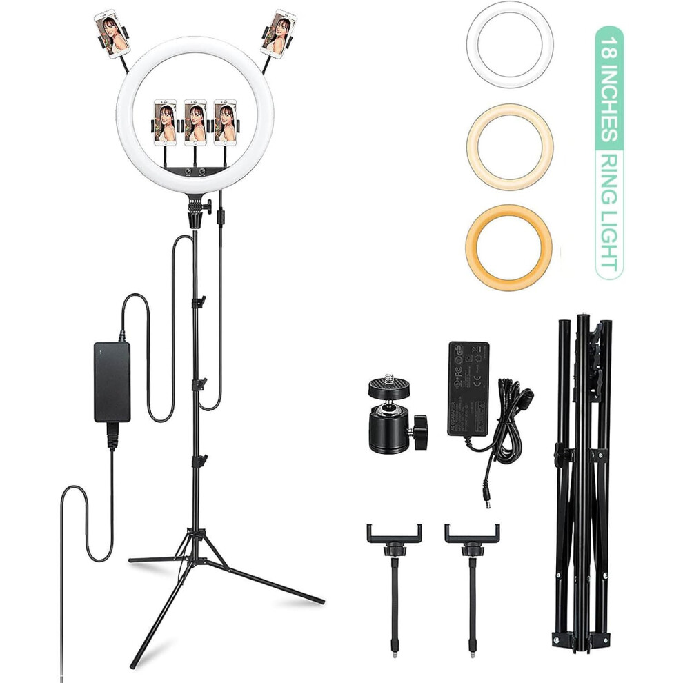 (Black) LR150 LED Ring Light with Tripod Stand and Phone Holder, 18 Inches Selfie Ring Light, 3000K-6000K Dimmable LED Circle Light for Make-up Live