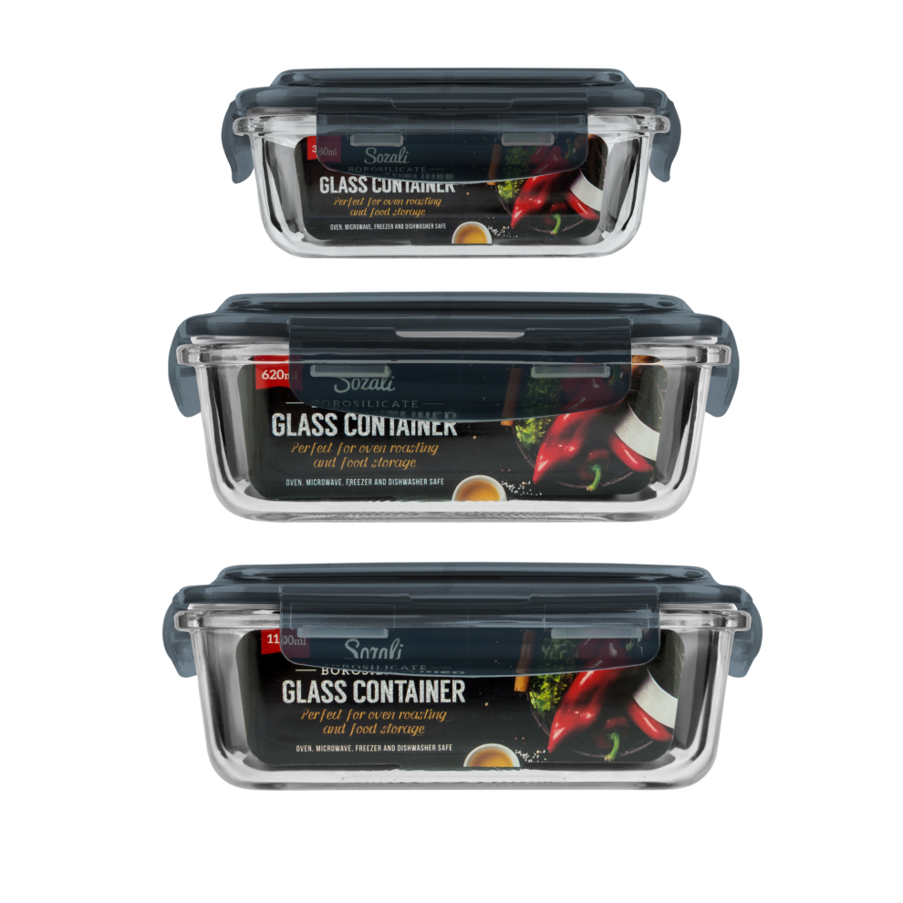 (Set of 3 (1 of Each Size) Small, Medium & Large) Glass Food Storage Containers Meal Airtight Lids