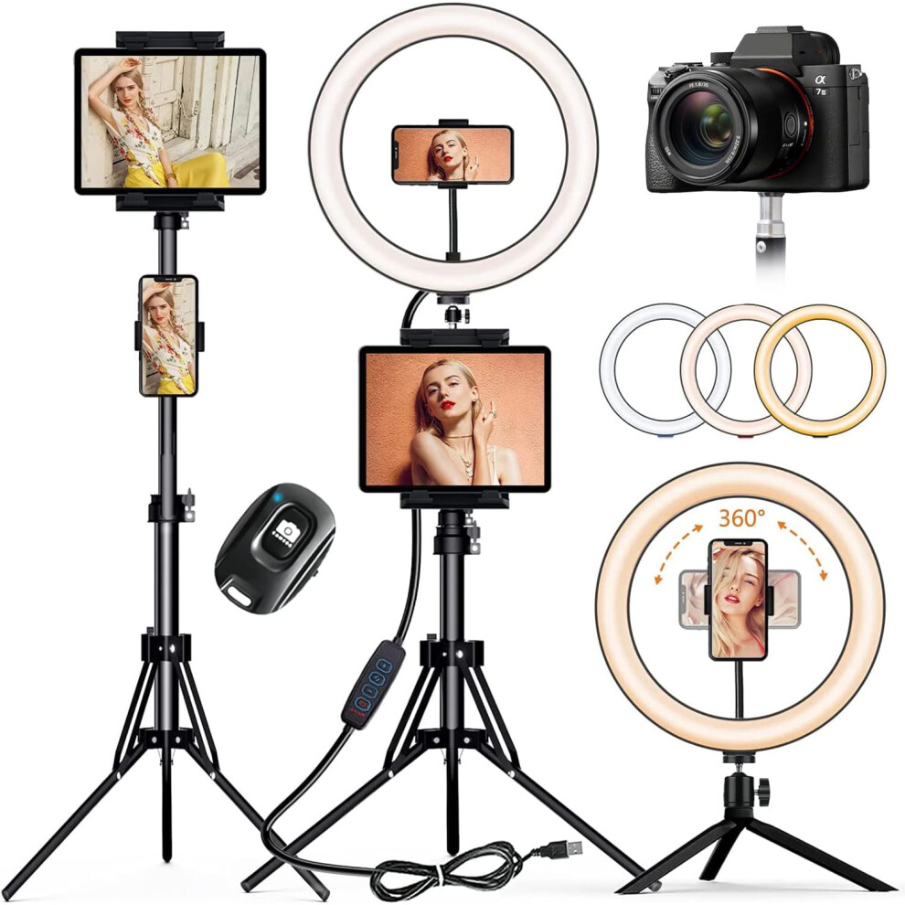 (72 inch) 12" Ring Light for Tablet holder,72" Ring Light with Tripod Stand & 3 Phone Holder & Ipad Holder& Mini Desktop Tripod