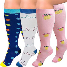 (As show, One size) 3 Pairs Plus Size Compression Socks For Women And Men Wide Calf 20-30mmhg Extra Large Knee High Support For Circulation-blue, White, Pink