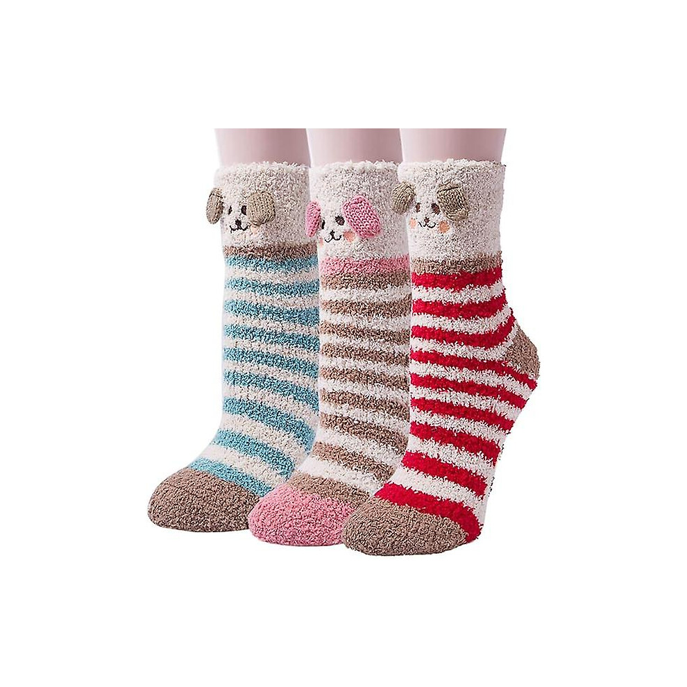 Konhill (As Show, One Size) 3 Pairs Womens Fuzzy Socks Cozy Winter Warm Fluffy Soft Cute Animal Fuzzy Home Slipper Socks-Blue/Khaki/Red Stripes Size: One Size