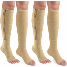 (As show, One size) 2 Pairs Zipper Compression Socks For Women & Men, 15-20 Mmhg Open Toe Knee High Support Socks For Varicose Vein Edema-2x-large/color: Beige