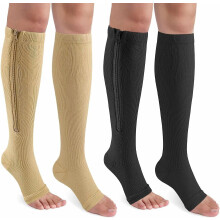 (As show, One size) 2 Pairs Zipper Compression Socks For Women & Men, 15-20 Mmhg Open Toe Knee High Support Socks For Varicose Vein Edema-s/m-black+beige