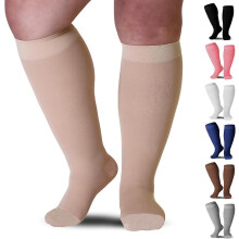 (As show, One size) Compression Socks - Plus Size - 20-30 Mmhg - Unisex - Extra Wide Calf Knee Hi - Opaque, Closed Toe - Beige/6x-large