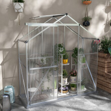 Outsunny 6 x 2.5ft Polycarbonate Greenhouse, Aluminium Frame, Silver - 70x200cm, Twin-Wall Panels, 5-Level Window, Sliding Door (845-950V00SR)