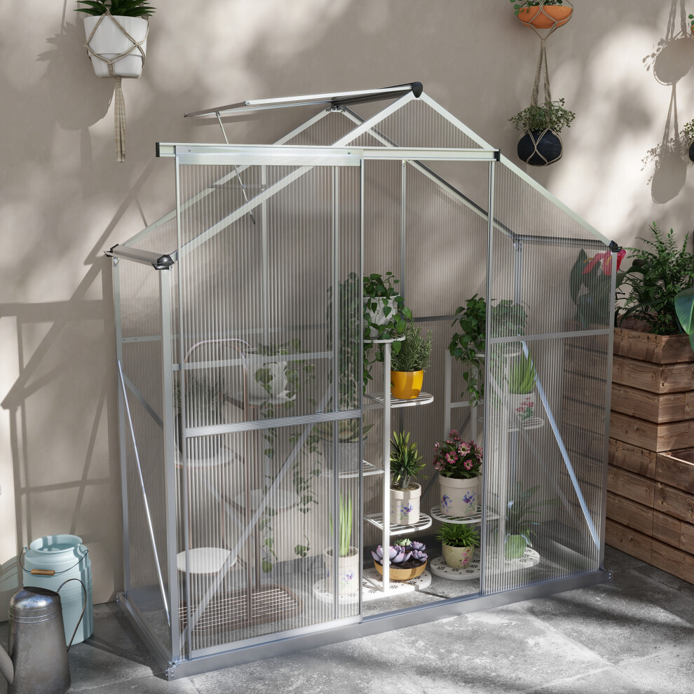 Outsunny 6 x 2.5ft Aluminium Polycarbonate Greenhouse - Silver - 190W x 70D x 200H cm - Image 3