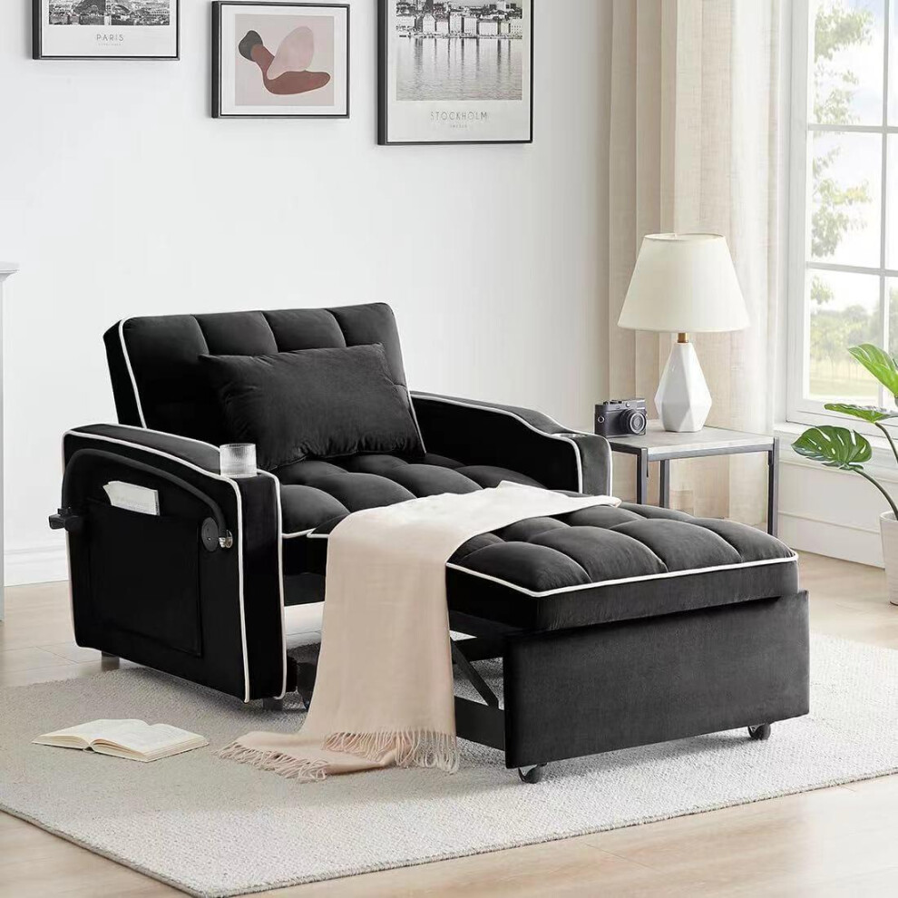 3-in-1 Convertible Black Sofa Bed Sleeper Chair with Adjustable Backrest, USB Charging & Cup Holder for Small Spaces