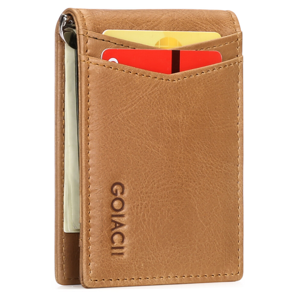 Unisex Brown (Brown) Men Credit Card Holder Rfid Blocking Mini Genuine Leather Wallet Money Clips For Men Money Clip Wallet