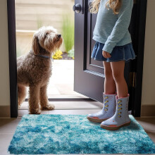 ( 50cm x 80cm (1 ft 6 in x 2 ft 6 in)- Small Bath Mat/ Door Mat) Blue Marble Shaggy Rug - Teal Soft Carpet for Bedroom, Living Room & Modern Home Décor