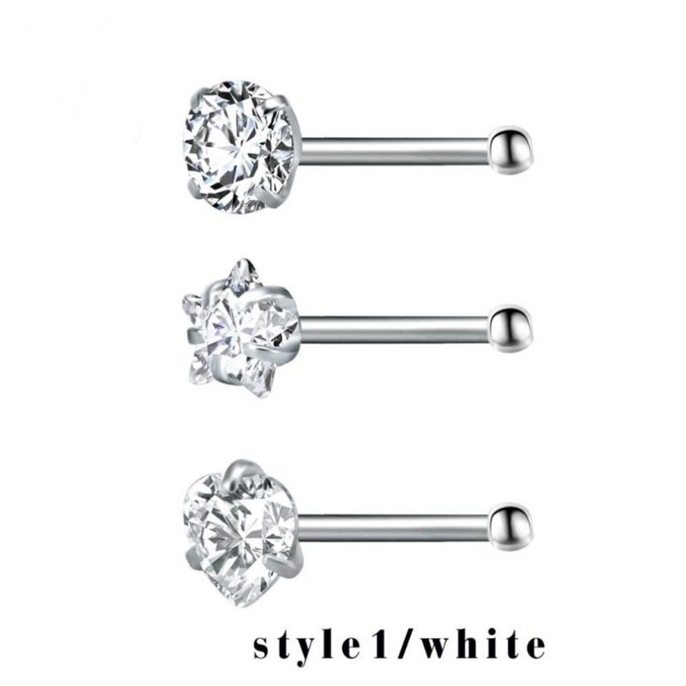 (white, style1) 3pcs/set Heart Star Round Nose Rings Diamond Zircon Stainless Steel Nose Studs Body Piercing Jewelry