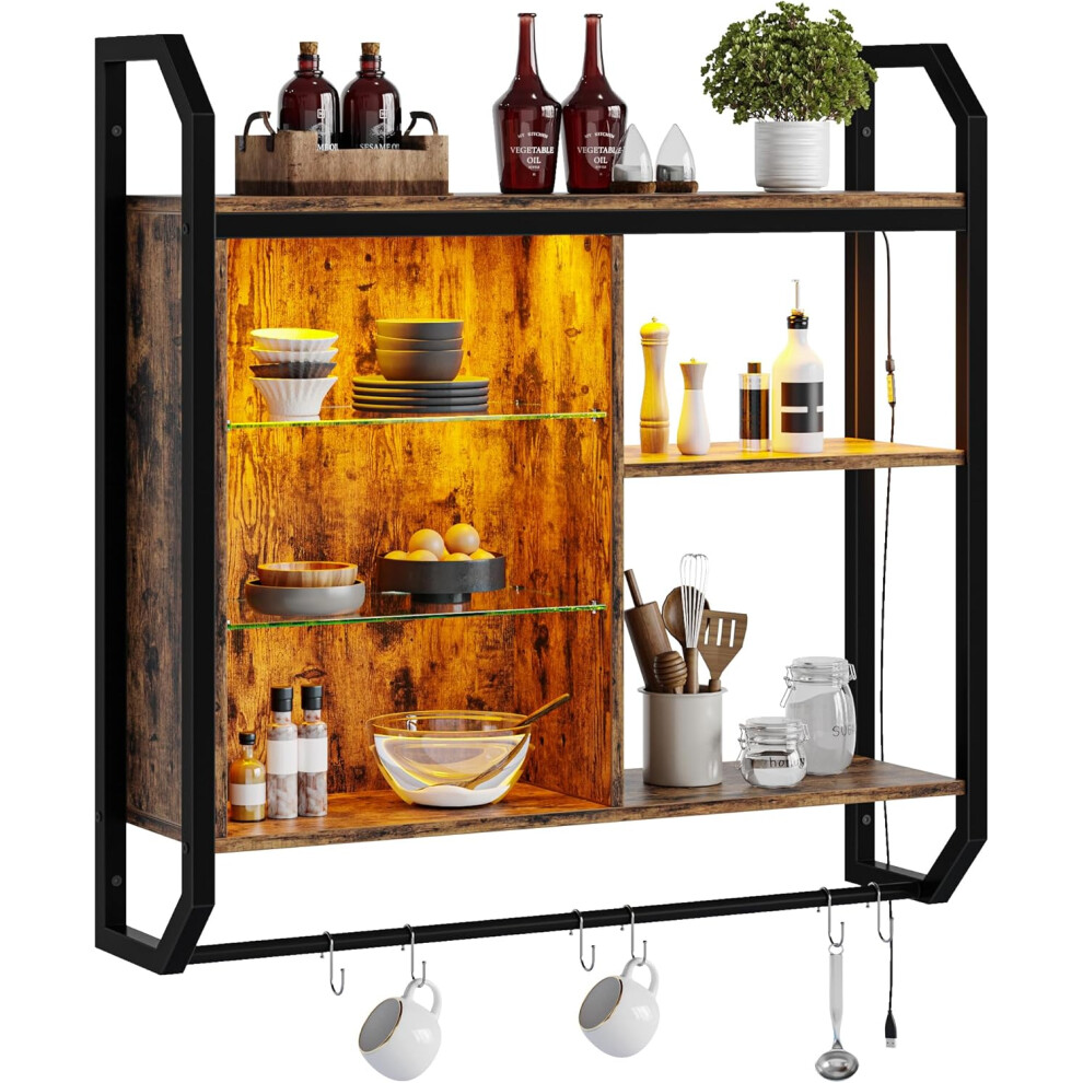 (Select Size Name, Select Colour Name) 4 Tier Floating Pipe Rack 84cm LED Wall Mounted Shelf with Adjustable Glass Shelf Pipe Rack Hanging Display Rack Bookshelf