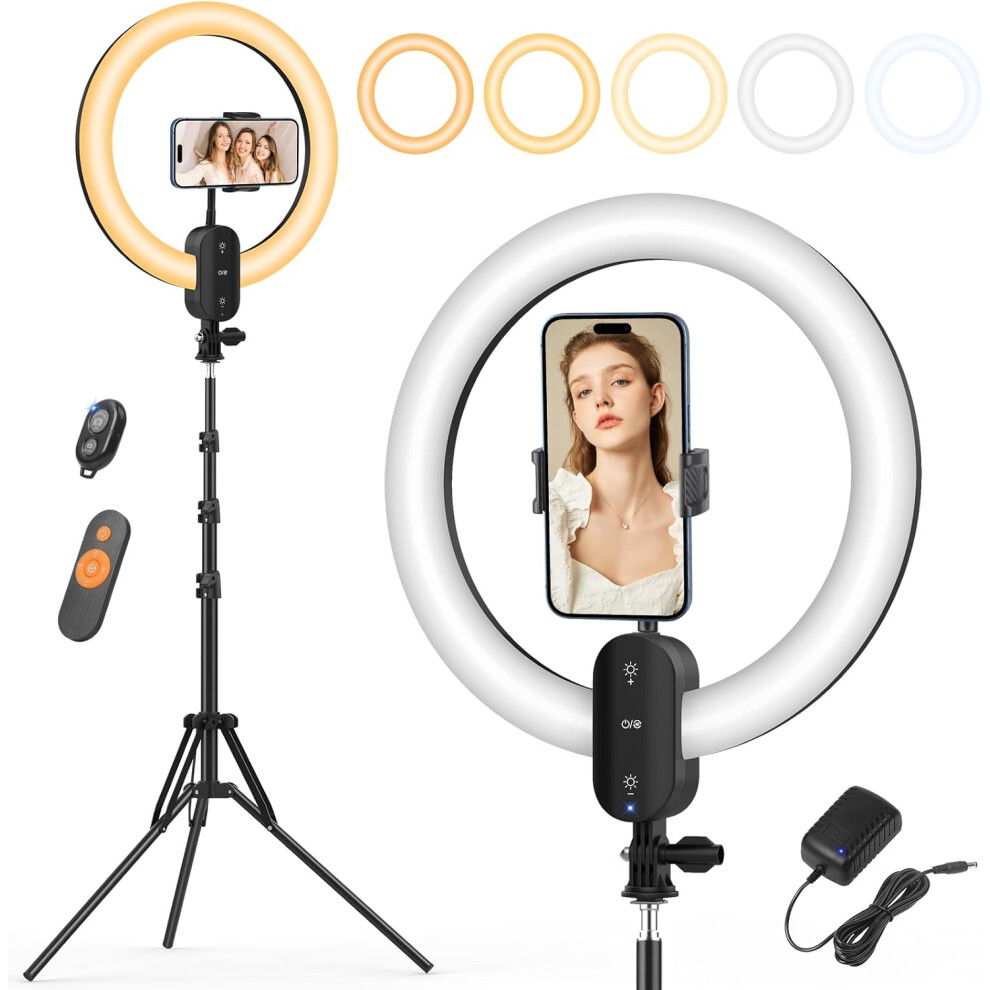 12 Inch Ring Light with Tripod and Phone Holder, 75 Inch/190cm LED Ring Light Built-in 2800mAh Battery
