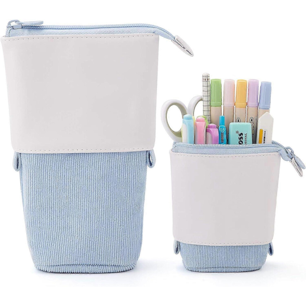 Konhill (As Show, One Size) Pencil Case Standing Stationery Bag Telescopic Pen Pouch Holder School College Office Organizer For Girls Women Adults Blue