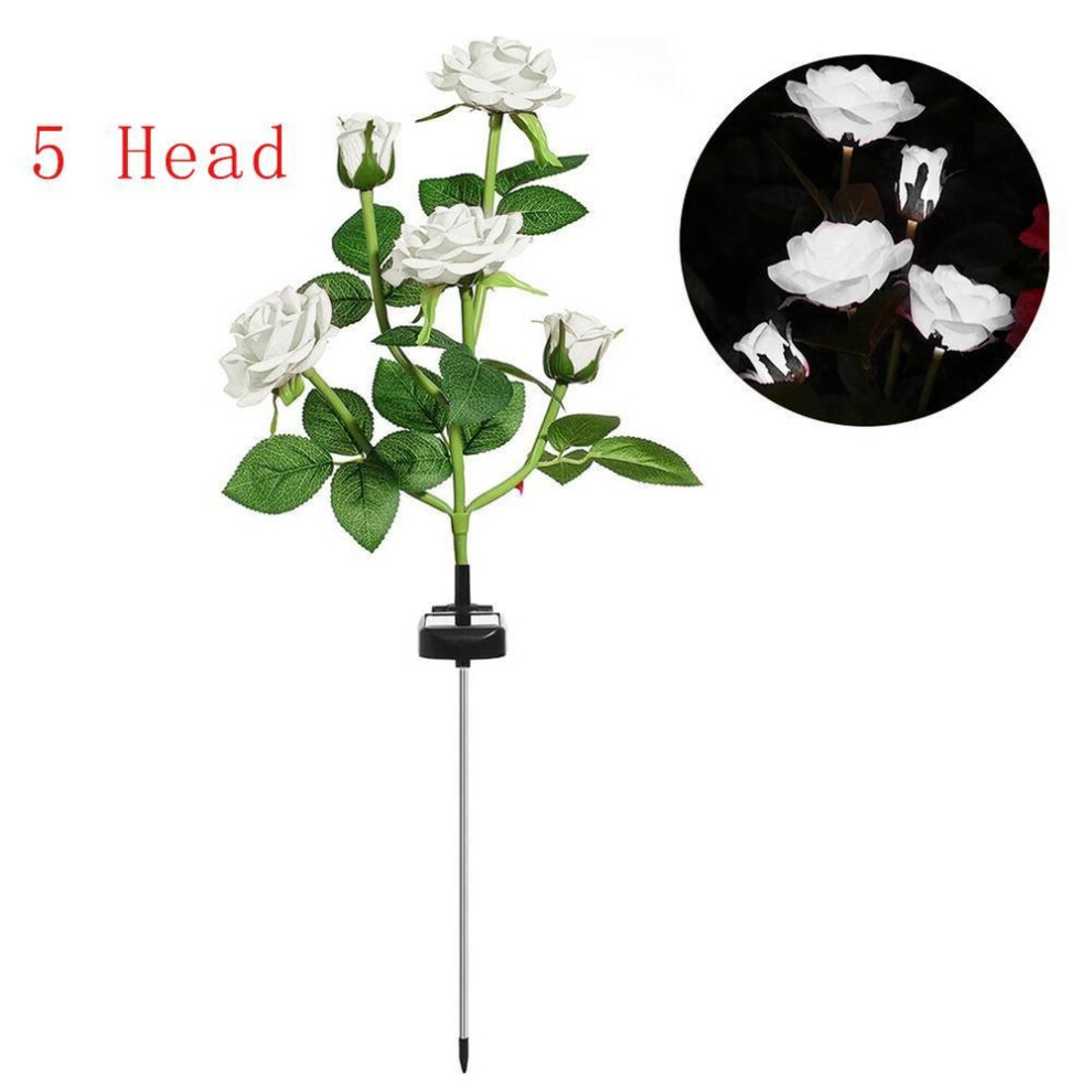 (white) 5 Head Led Solar Simulation Rose Flower Solar Led Light Garden Yard Lawn Night Lamp Landscape