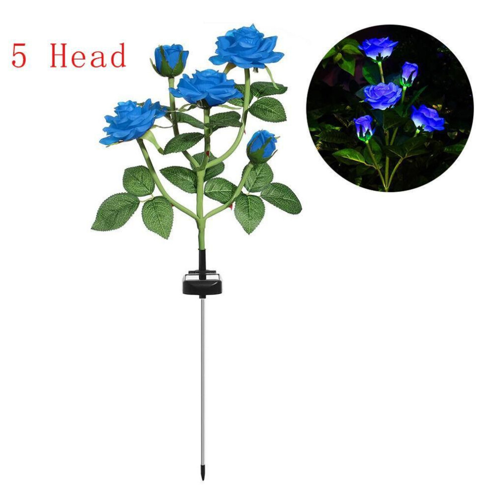 (blue) 5 Head LED Solar Simulation Rose Flower Solar LED Light Garden Yard Lawn Night Lamp Landscape