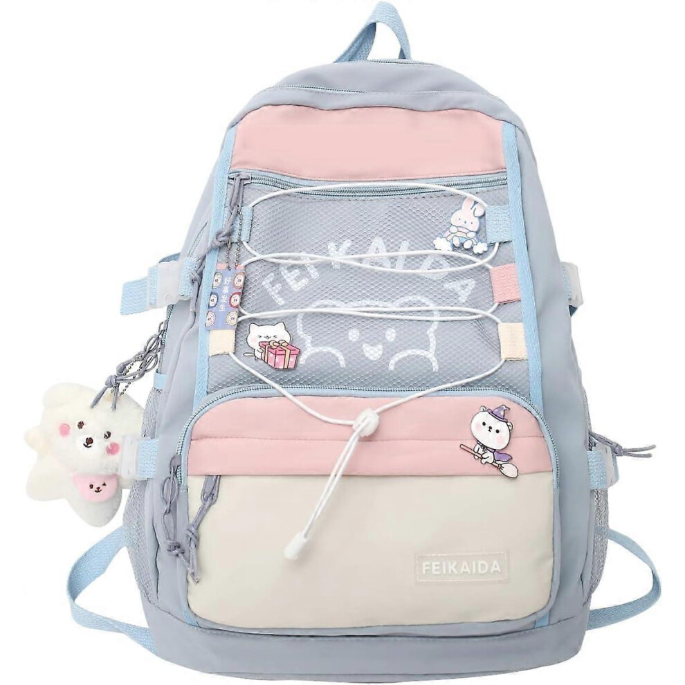 Konhill (As Show, One Size) Japanese School Bag With Cute Kawaii Backpacks Aesthetic Backpack Girls Backpacks Ages 8-10(Blue)Decorative Pins+Little Bear Penda Blue
