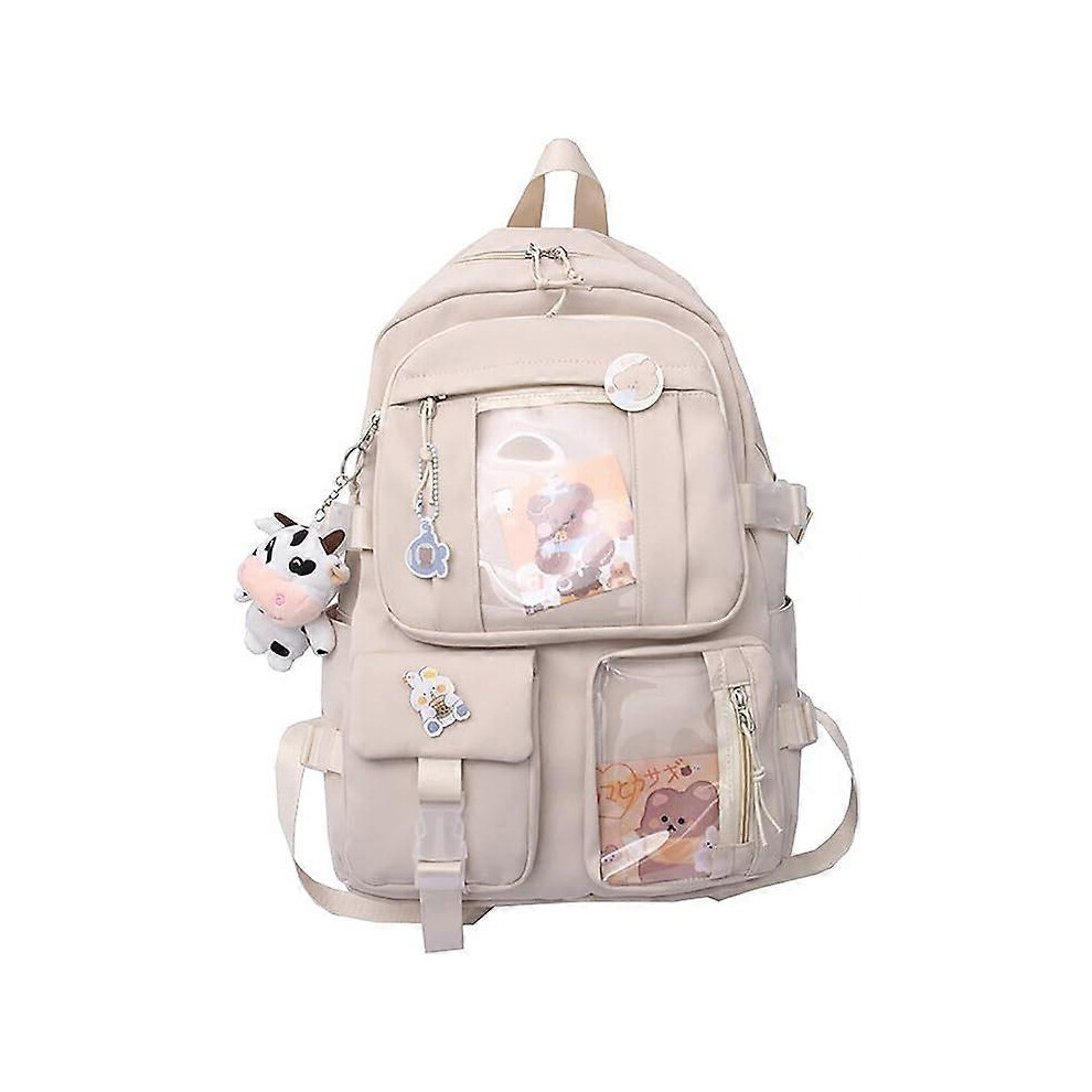 Konhill (As Show, One Size) Kawaii Backpack With Cute Pin Accessories Plush Pendant Kawaii School Backpack Cute Aesthetic Backpack- Beige