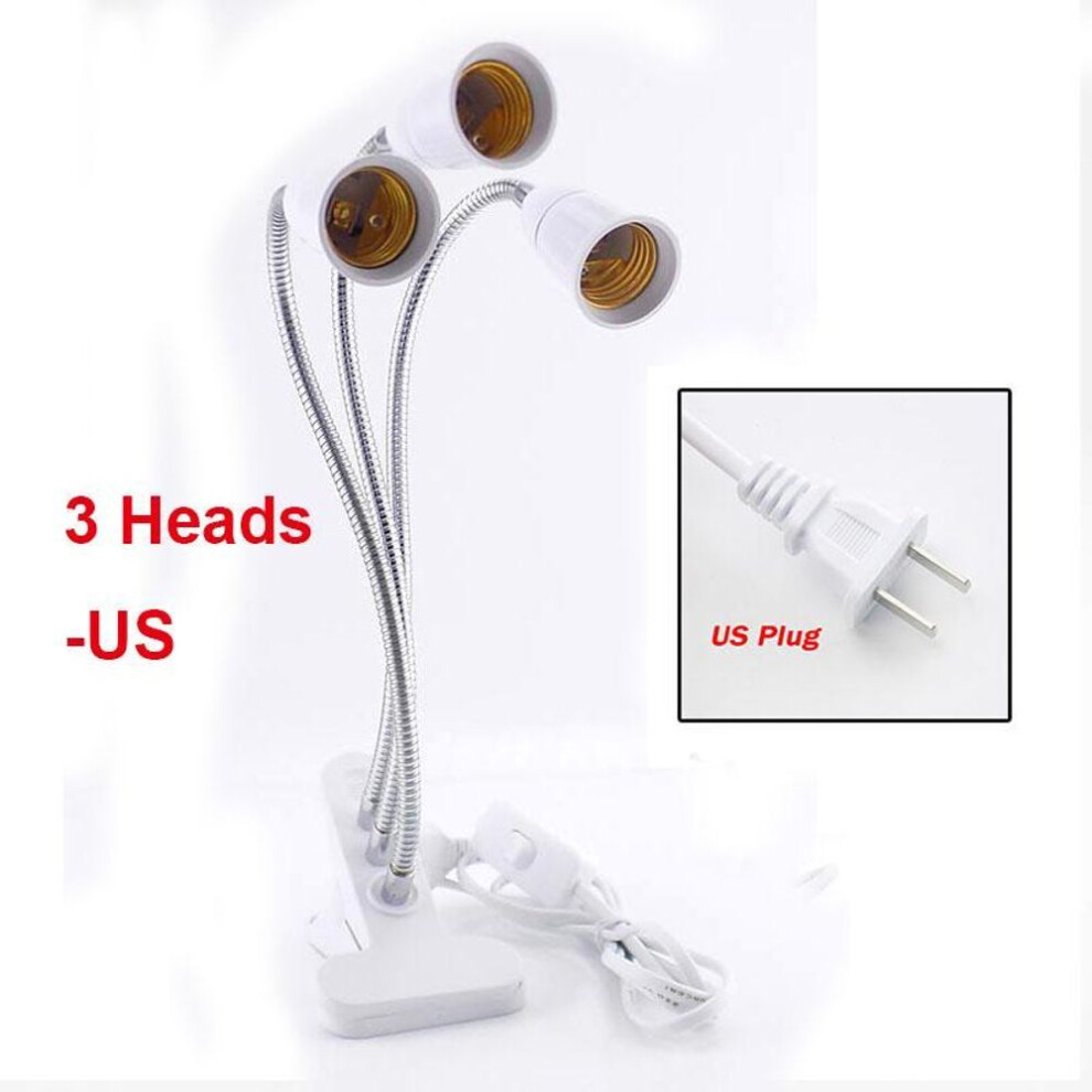 (as the picture, 3 Heads US Plug) 360 Degrees Flexible Desk Lamp Holder E27 Base Light Socket Gooseneck Clip-on Cable With On Off Switch For Home Plant