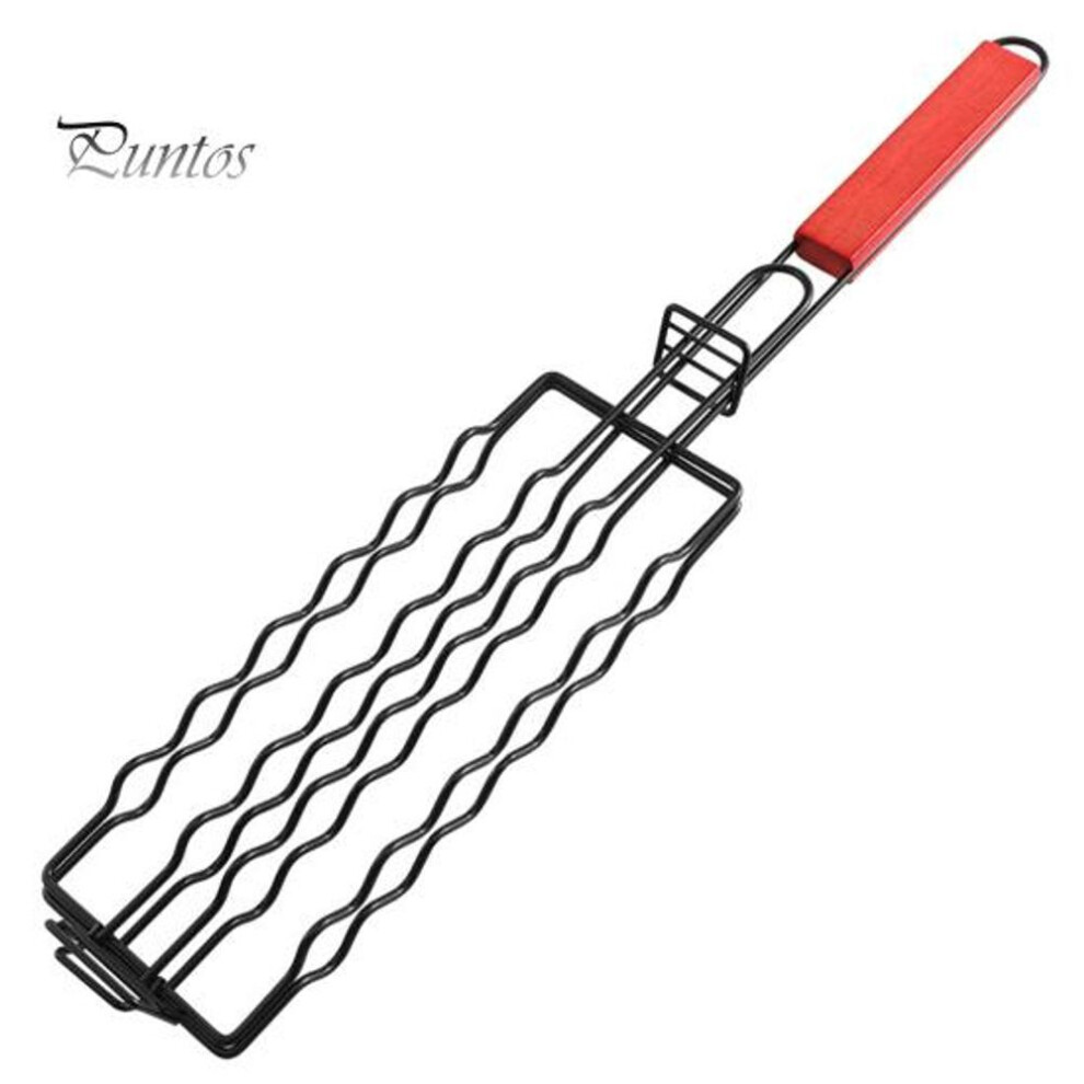 (black) Barbecue Cage With Wooden Handle Hollow Design Reusable Outdoor Camping Sausage Meat Vegetable Barbecue Net Rack
