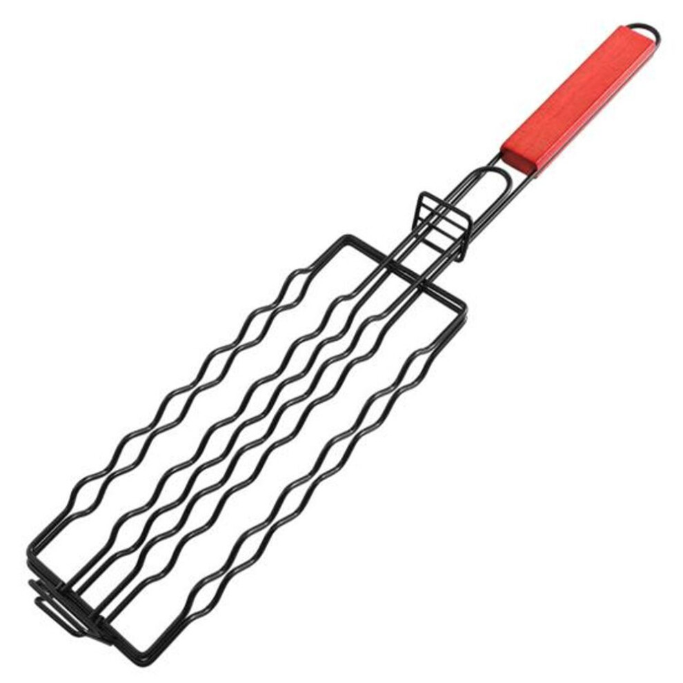 (black) Barbecue Cage With Wooden Handle Hollow Design Reusable Outdoor Camping Sausage Meat Vegetable Barbecue Net Rack