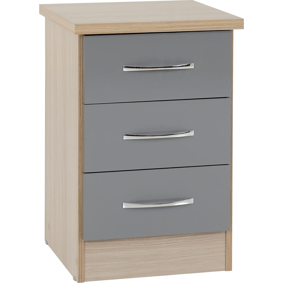 (Grey Gloss/Light Oak Effect Veneer, 3 Drawer) 3 Drawer Bedside Table Rey Glossy/Light Oak Effect Veneer