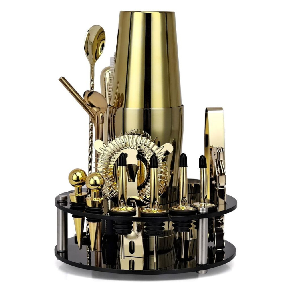 (gold, Boston) Bartender Kit 20-piece Rose Gold Cocktail Shaker Set With Rotating Acrylic Stand For Mixed Drinks Martini Home Bar Tools Silverware Drinkware