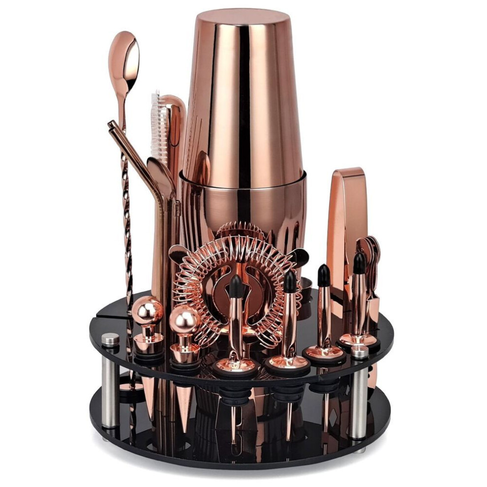 (rose gold, Boston) Bartender Kit 20-piece Rose Gold Cocktail Shaker Set With Rotating Acrylic Stand For Mixed Drinks Martini Home Bar Tools Silverware Drinkware