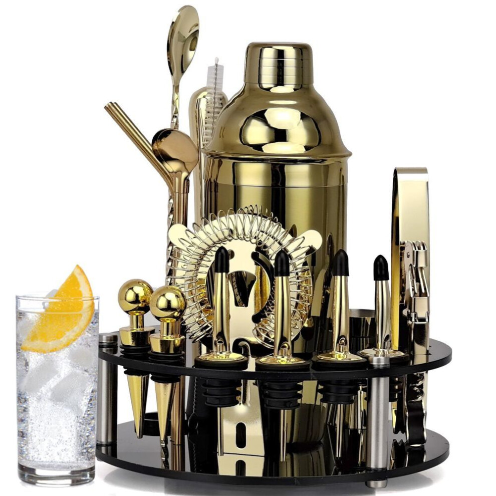 (gold, 750mL) Bartender Kit 20-piece Rose Gold Cocktail Shaker Set With Rotating Acrylic Stand For Mixed Drinks Martini Home Bar Tools Silverware Drinkware