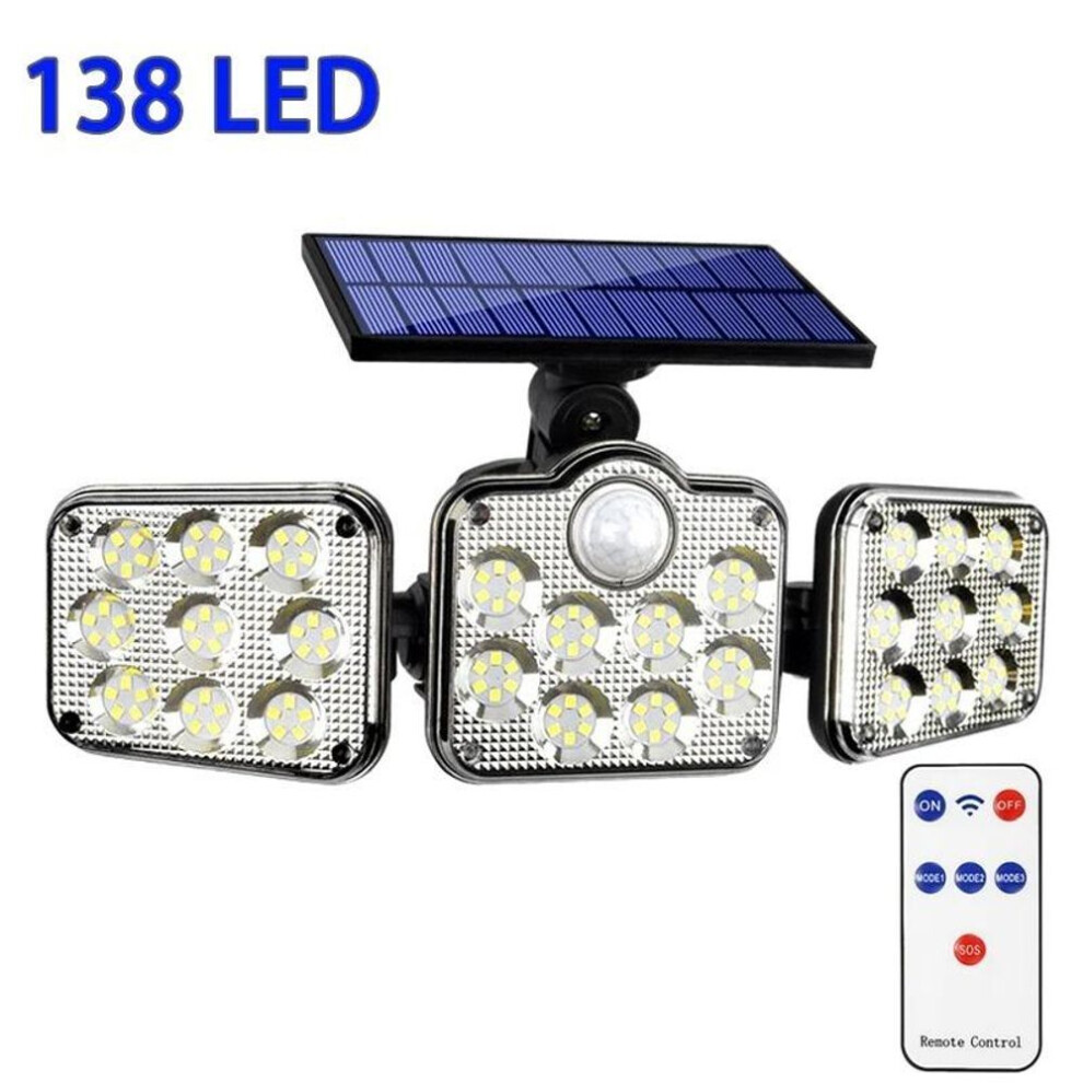 (138LED-Integrated-1pcs) Solar Lamp Outdoor Flood Security Lamp With Remote Sunlight Wall Light Waterproof Spotlights Motion Sensor 3 Heads Street Lights