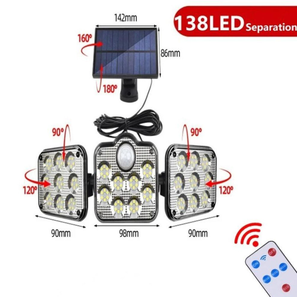(138LED-Split body-1pcs) Solar Lamp Outdoor Flood Security Lamp With Remote Sunlight Wall Light Waterproof Spotlights Motion Sensor 3 Heads Street Lights