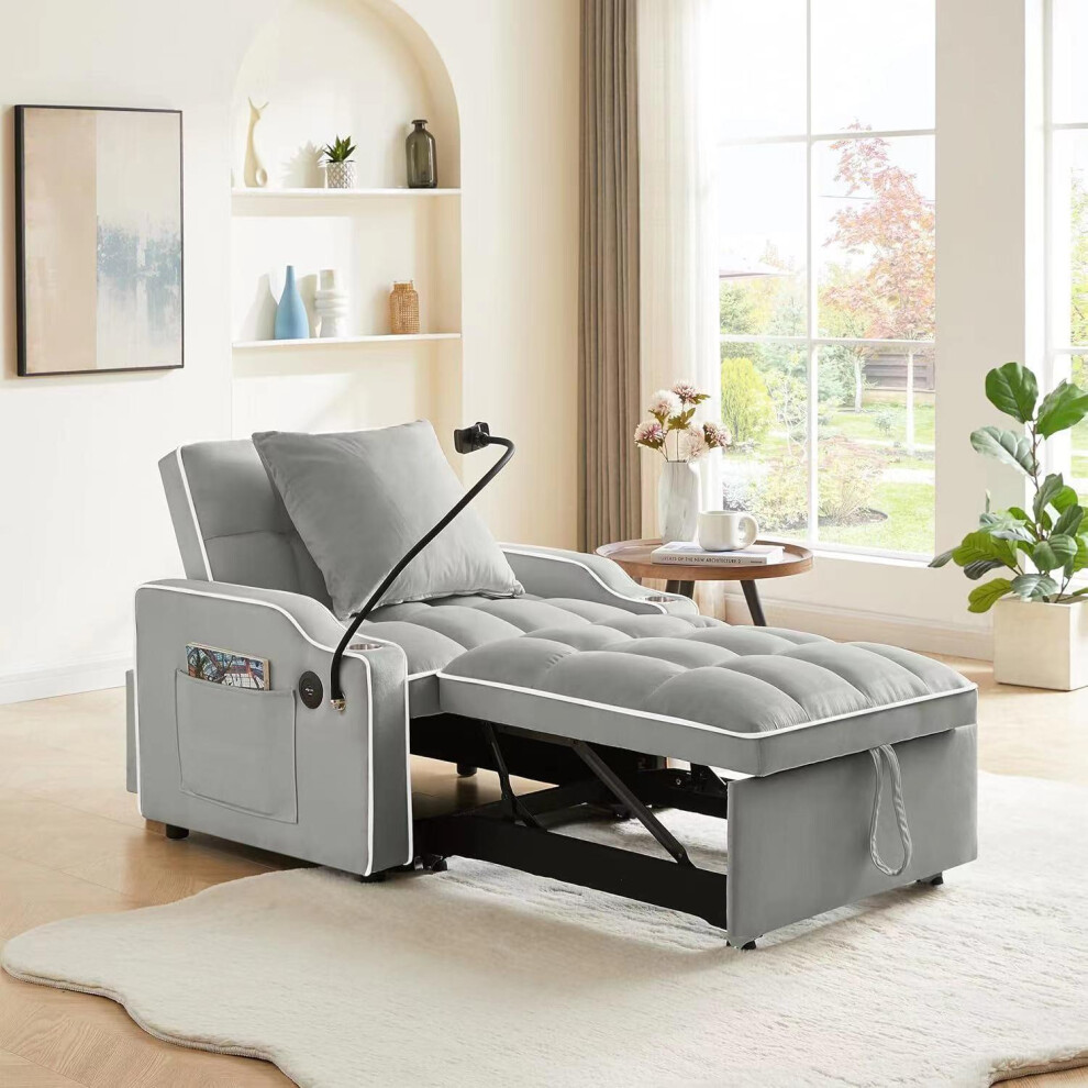 3-in-1 Convertible Grey Sofa Bed Sleeper Chair with Adjustable Backrest, USB Charging & Cup Holder for Small Spaces