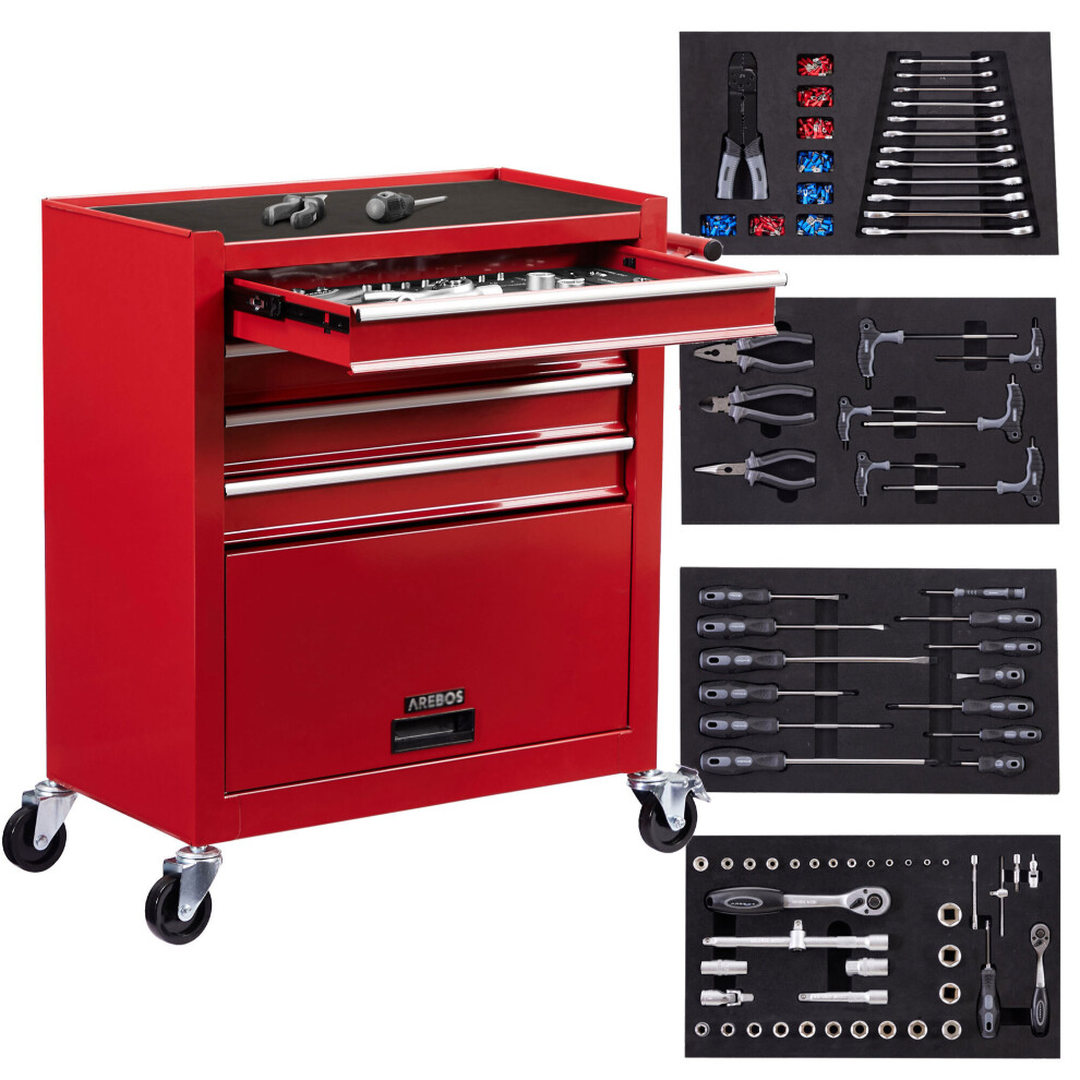 AREBOS workshop trolley | 4 drawers incl. 81pcs. tools + large compartment | incl. anti-slip mats | drawers with ball bearings | transport lock | red