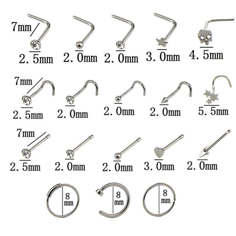 21pcs/set Crystal Nose Hoop Ring Bone Bar Pin Cartilage Piercing Studs Jewelry